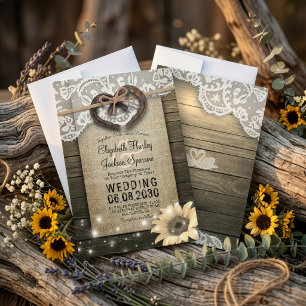 Invitation Mariage Couple Fer à Cheval Cœur Dentelle Bois Tou