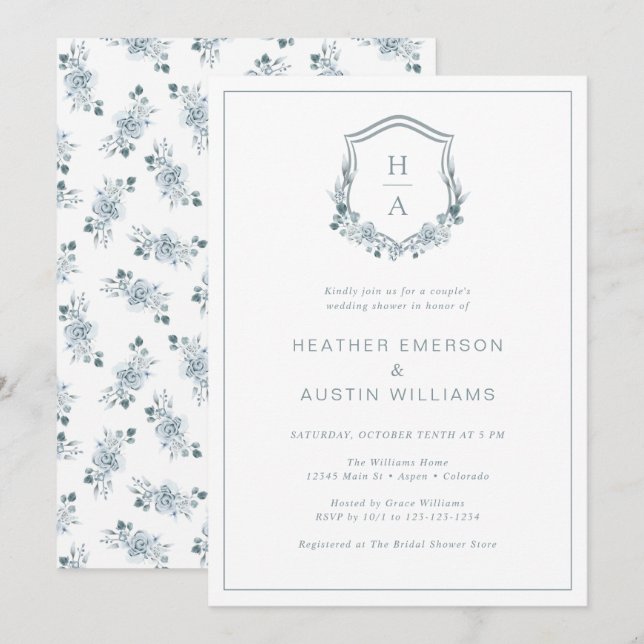 Invitation Mariage Couple Fleur Bleu Shower (Devant / Derrière)