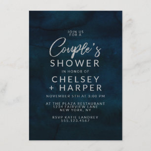 Invitation Mariage couple Navy Luster Silver Blue Shower