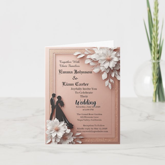 Invitation Mariage Couple Silhouette Or Rose Doré (Devant)