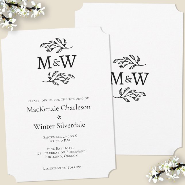 Invitation Mariage Couple Simple Monogramme Initiales Minimal (Wedding couple monogram initials botanical leaf sprig minimalist wedding invitation)