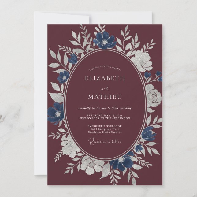 Invitation Mariage Couronne Acier Bleu Marron (Devant)
