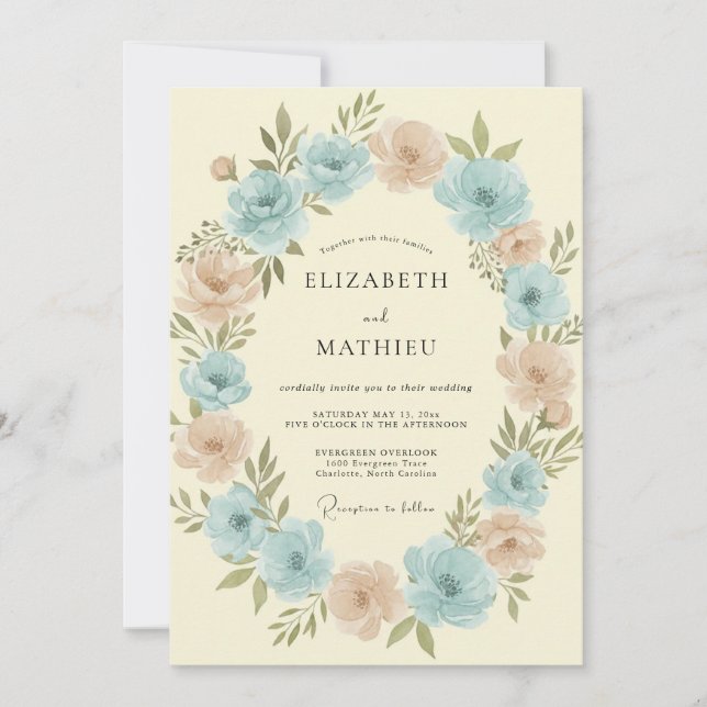 Invitation Mariage Couronne Aqua Clair et Pêche (Devant)