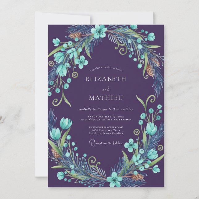 Invitation Mariage Couronne Aqua Prune (Devant)