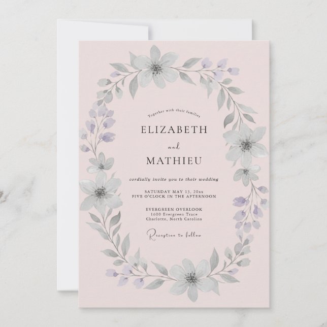 Invitation Mariage Couronne Argent Rose Pâle (Devant)