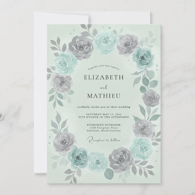 Invitation Mariage Couronne Argentée Menthe (Devant)