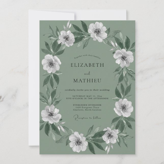 Invitation Mariage Couronne Blanche Céladon (Devant)