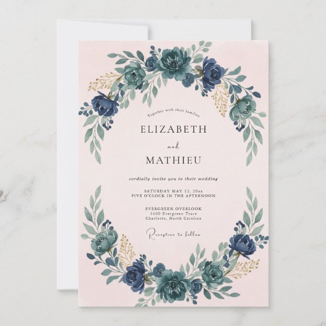 Invitation Mariage Couronne Bleue Rosée (Devant)