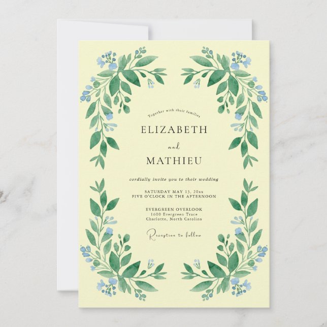Invitation Mariage Couronne Botanique Jaune Pâle (Devant)