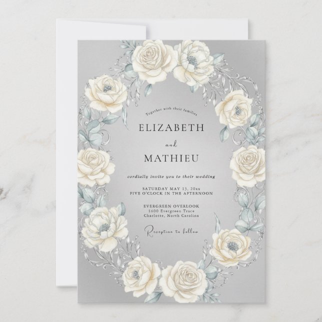 Invitation Mariage Couronne Crème Argent (Devant)