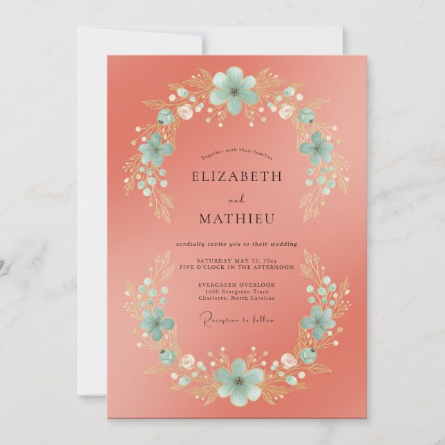 Invitation Mariage Couronne Cyan Saumon (Devant)