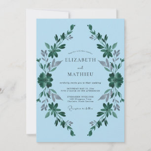 Invitation Mariage Couronne de Feuilles Céruléen