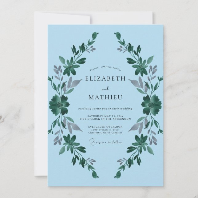 Invitation Mariage Couronne de Feuilles Céruléen (Devant)