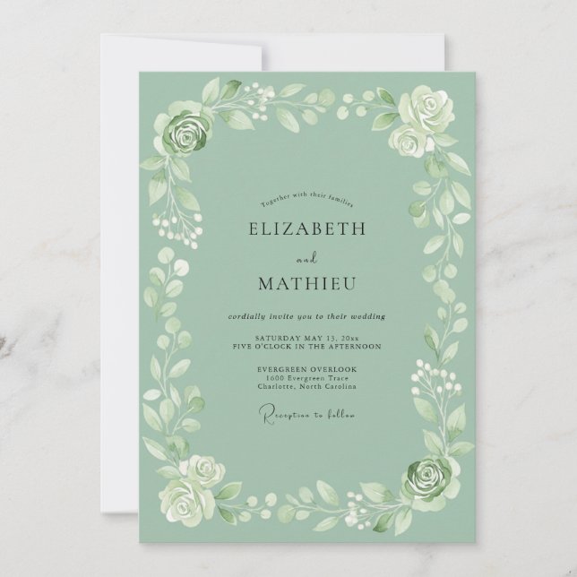 Invitation Mariage Couronne de Fleurs Vert Sauge (Devant)