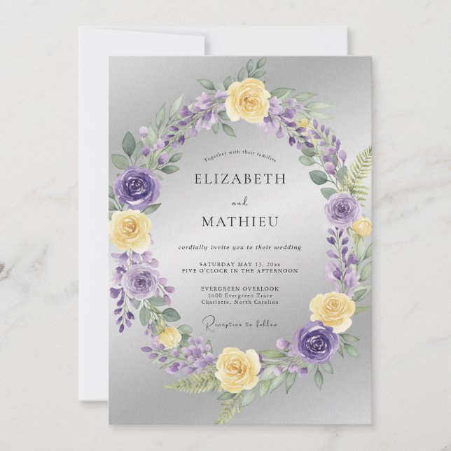 Invitation Mariage Couronne de Lilas Argenté (Devant)
