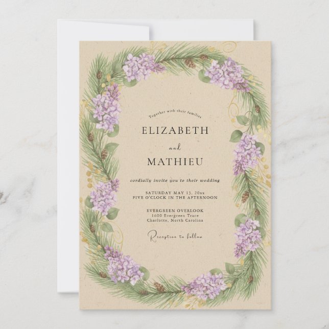 Invitation Mariage Couronne de Lilas Champagne Doré (Devant)