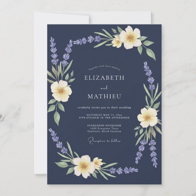 Invitation Mariage Couronne de Lilas Navy (Devant)