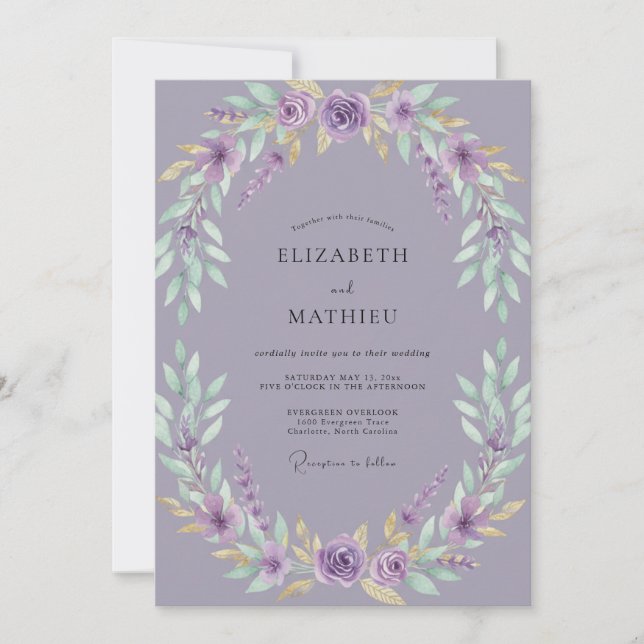 Invitation Mariage Couronne de Lilas Poussiéreux (Devant)