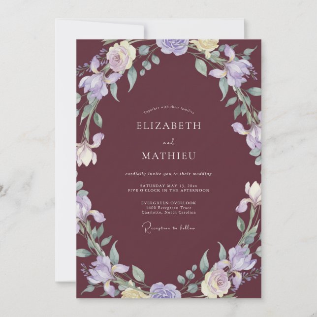 Invitation Mariage Couronne de Lilas Rouge Foncé (Devant)
