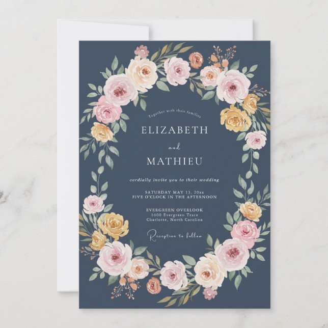 Invitation Mariage Couronne de Pêches sur Fond Ardoise (Devant)