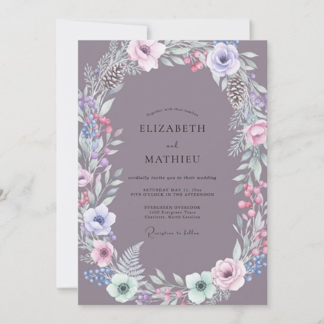 Invitation Mariage Couronne de Pin Mauve (Devant)