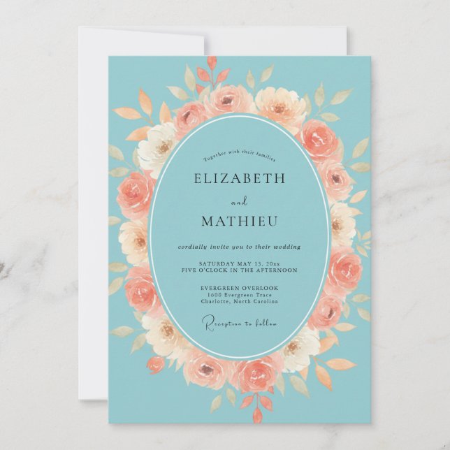 Invitation Mariage Couronne de Pivoine Turquoise (Devant)