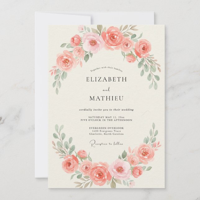 Invitation Mariage Couronne de Pivoines Pêche (Devant)