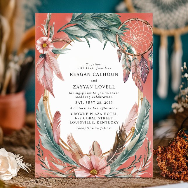 Invitation Mariage Couronne de Plumes et Attrape-Rêves Bohème (Créateur téléchargé)