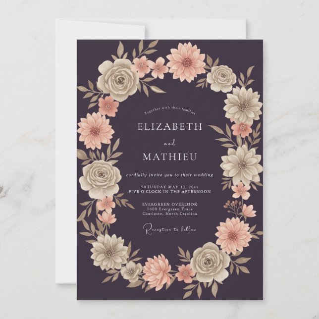 Invitation Mariage Couronne de Prune Abricot Foncé (Devant)