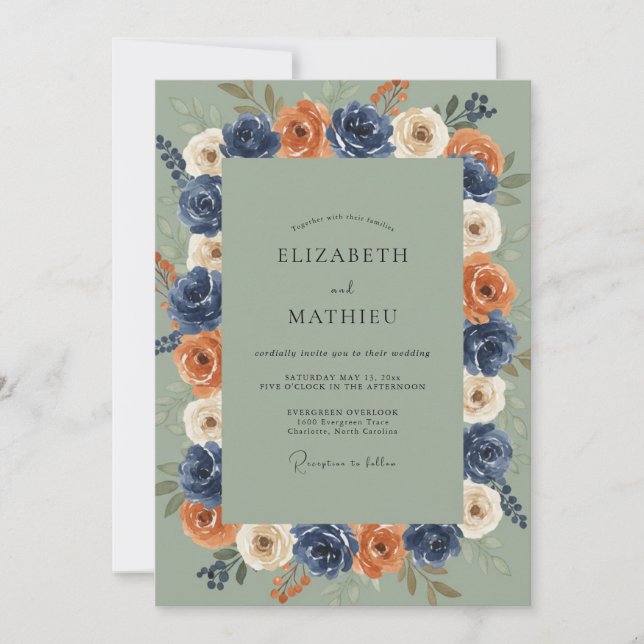 Invitation Mariage Couronne de Roses Orange Navy (Devant)