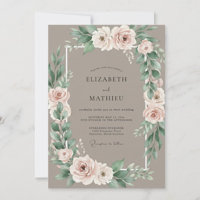 Invitation Mariage Couronne de Roses Taupe Blush (Devant)