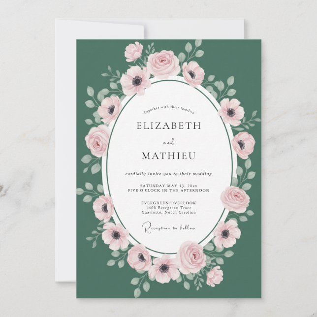 Invitation Mariage Couronne de Teinte Verte Chasseur et Rose (Devant)