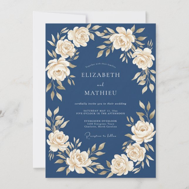 Invitation Mariage Couronne Fleurie Crème de la Marine (Devant)