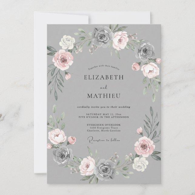 Invitation Mariage Couronne Fleurie Teinte Grise et Rose (Devant)
