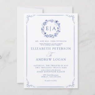 Invitation Mariage Couronne Florale Calligraphie Formel Éléga