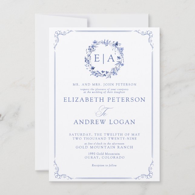 Invitation Mariage Couronne Florale Calligraphie Formel Éléga (Devant)