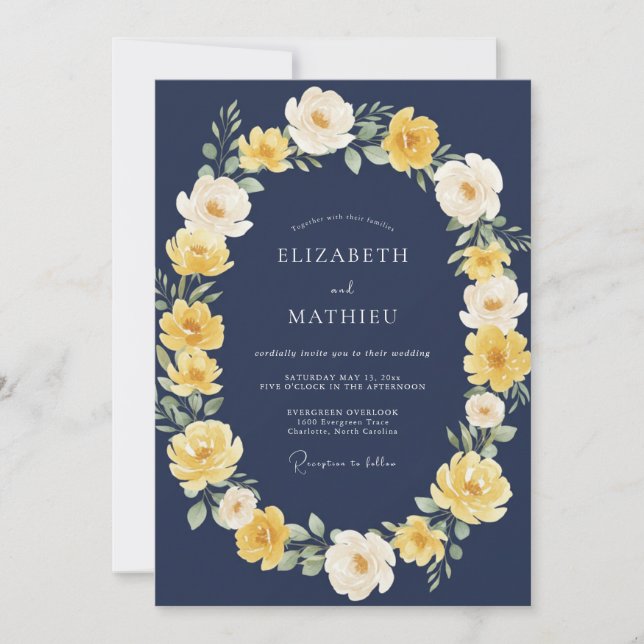Invitation Mariage Couronne Florale Jaune Navy (Devant)