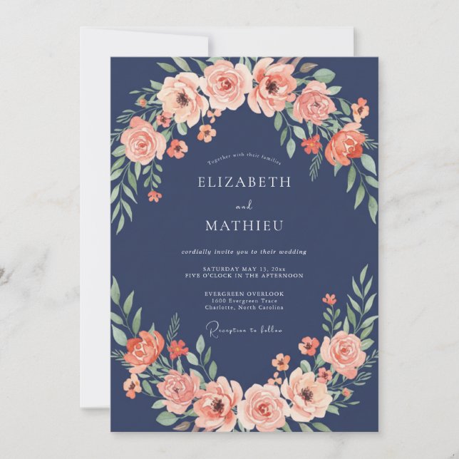Invitation Mariage Couronne Florale Navy Blush (Devant)