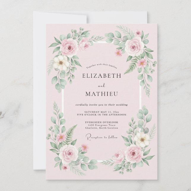 Invitation Mariage Couronne Florale Rose Pâle (Devant)