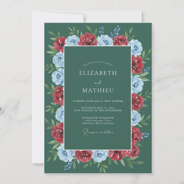 Invitation Mariage Couronne Florale Vert Profond (Devant)