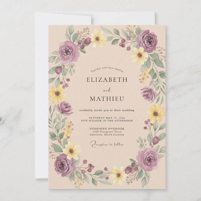 Invitation Mariage Couronne Jaune Mauve (Devant)