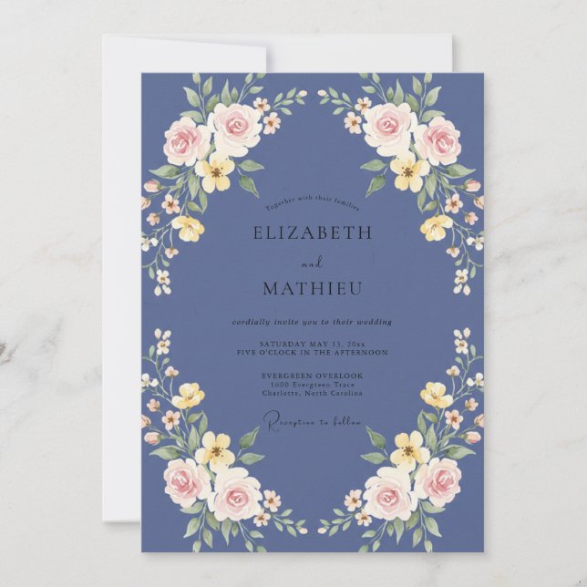 Invitation Mariage Couronne Jaune Pervenche Fantaisiste (Devant)