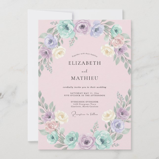 Invitation Mariage Couronne Pastel Rose (Devant)
