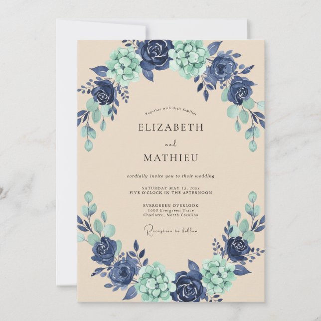 Invitation Mariage Couronne Peinte Indigo Aqua (Devant)