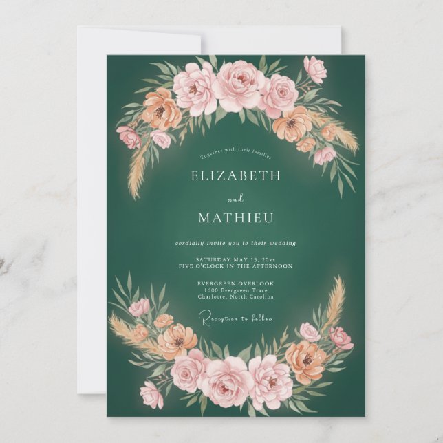 Invitation Mariage Couronne Rose Fleur d'Émeraude (Devant)