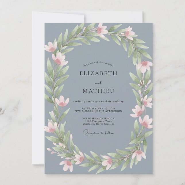Invitation Mariage Couronne Rose Pétales d'Acier (Devant)