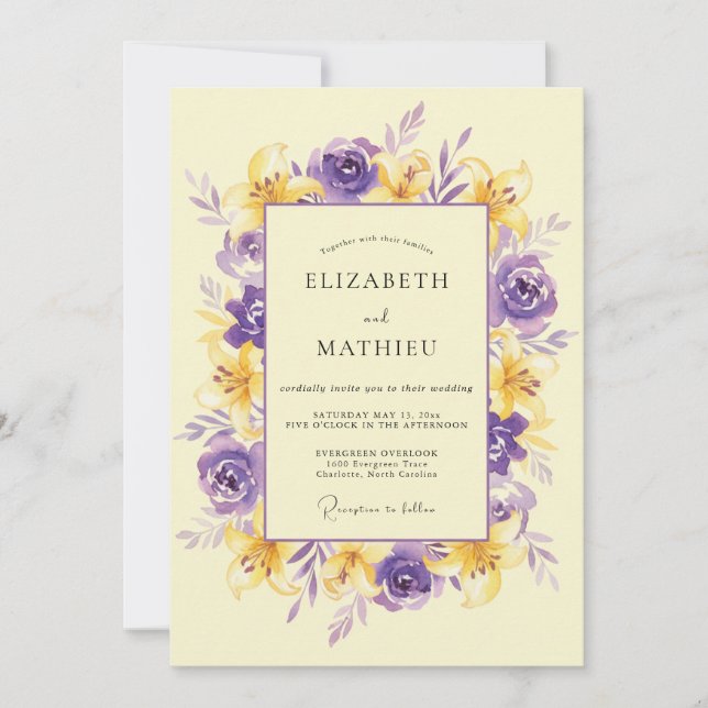 Invitation Mariage Couronne Violet Jaune (Devant)