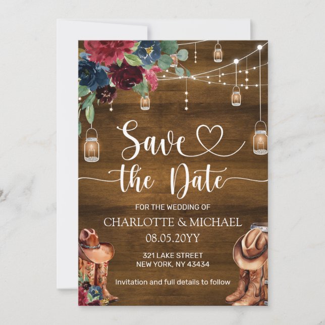 Invitation Mariage Cowboy Western Rustique Enregistrer la Dat (Devant)