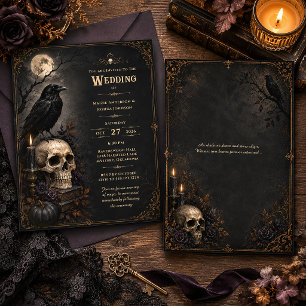 Invitation Mariage Crâne de Corbeau Gothique Élégant
