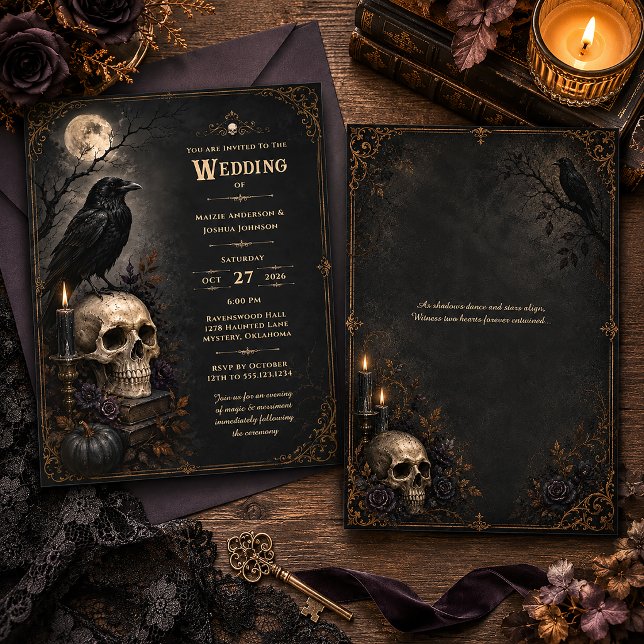 Invitation Mariage Crâne de Corbeau Gothique Élégant | (Créateur téléchargé)